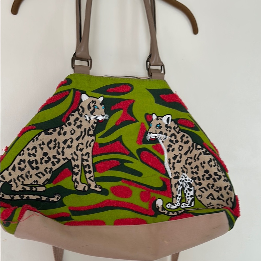 Vibrant Green and Tan Leopard Print Shoulder Bag